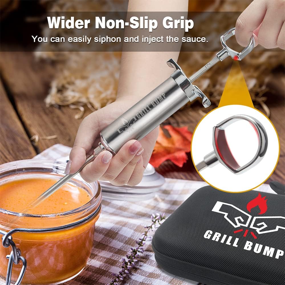 Meat Injector Syringe Kit with 3 Professional Marinade Injector Needles and Travel Case for BBQ Grill Smoker, Turkey and Brisket; 2-oz Large Capacity, Both Paper User Manual and E-Book