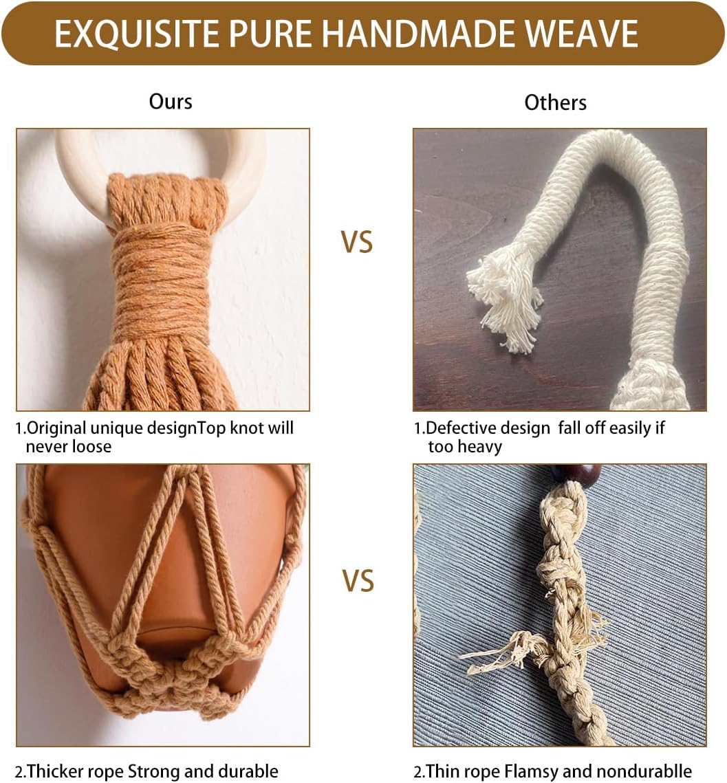 Artilady Plant Hanger Indoor Macrame Hanging Planters for Plants Holder Boho Brown Basket No Tassels Farmhouse Rustic Window Wall Decor