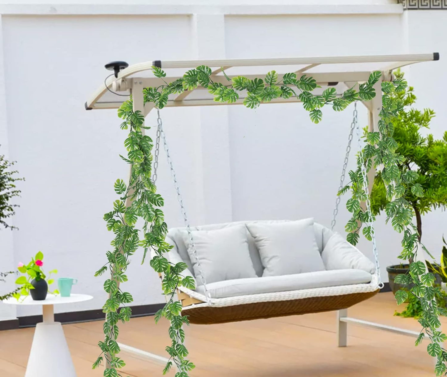 RECUTMS 2Pcs Artificial Monstera Leaf Vines 5.9FT Fake Hanging Plants Ivy Faux Tropical Palm Leaves Greenery Garland for Garden Porch Patio Jungle Luau Beach Birthday Party Indoor Outdoor Spring Décor