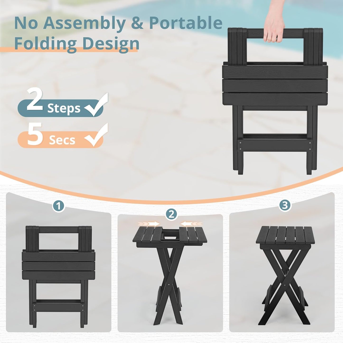 LUE BONA 27 inch Folding Side Table, HDPS Outside End Table for Patio, Porch, Deck, Pool, Weather Resistant, Black