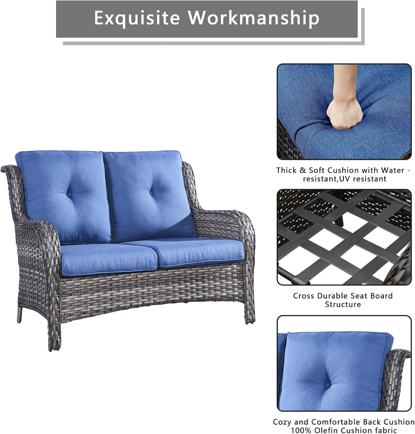 Outdoor Wicker Patio Furniture Set - 5 Piece Rattan Patio Conversation Set with 2 Rocking Swivel Chairs,2 Ottomans and 1 Loveseat for Porch Deck Backyard Garden(Mixed Grey/Blue)