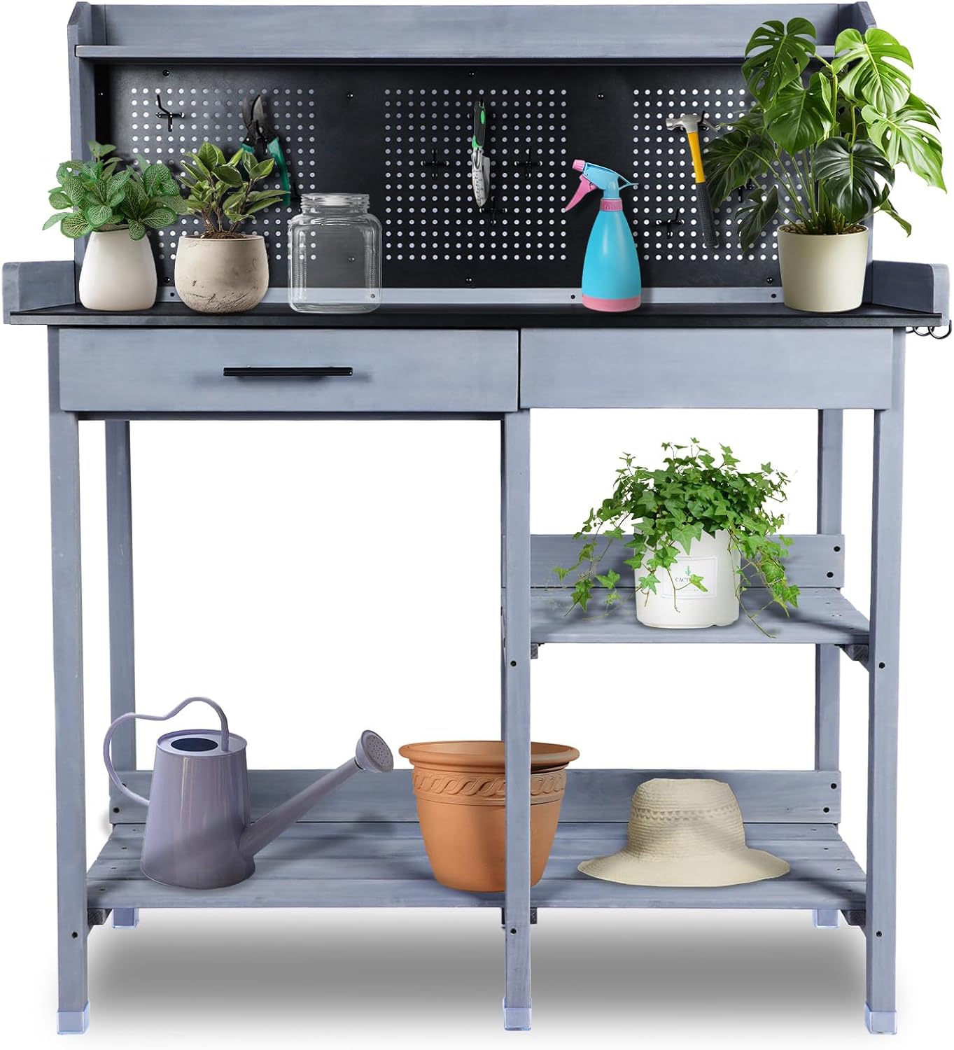 Outdoor Potting Bench Table,Garden Work Bench Metal Tabletop Horticulture with Shelf Rack Wooden Potting Benches for Outside with Holey Board/Hooks/Pads/Drawer/Adjustable and Cabinet,Gray