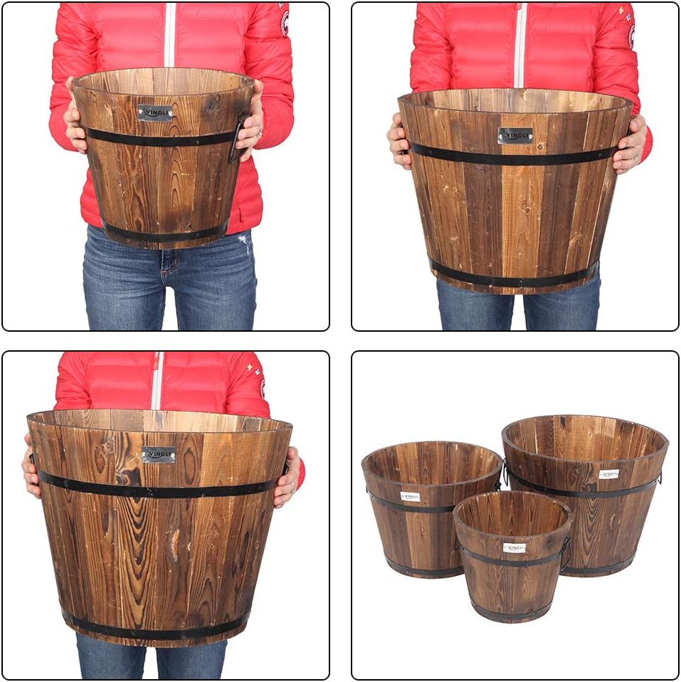 VINGLI 3 PCS Large Wooden Planter Barrel Set, 11.5"(Dia)- 18"(Dia) Real Wood Indoor/Outdoor Flower Pot w/Drainage Holes, Different Sizes, Large Garden Container Box