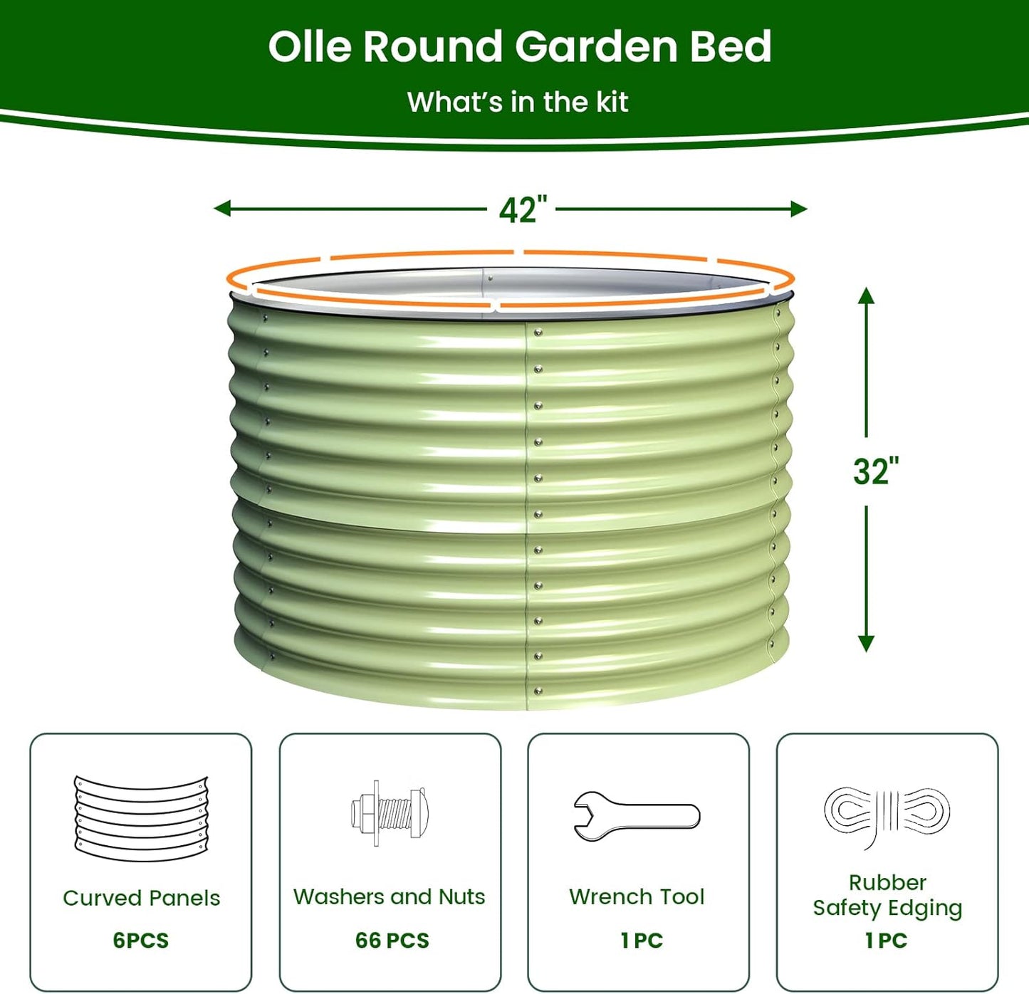 Olle 32" Tall, Raised Garden Beds Outdoor for Vegetables, Round Galvanized Raised Garden Bed, Metal Garden Boxes Outdoor Plater Box, Sage Green