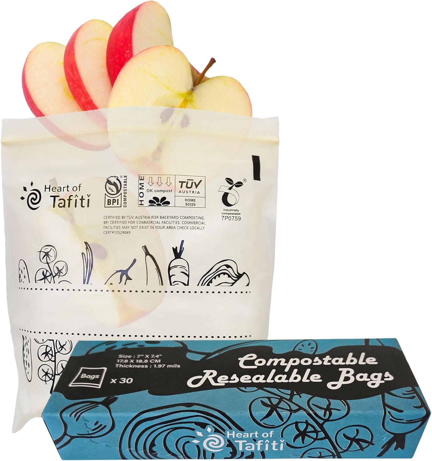 Compostable Food Storage Bags, Resealable Quart Bags, 30 Count, 7 x 7.4 inches, Extra Thick and Reusable, Eco-Friendly, Certified US BPI ASTM D6400 Europe OK Compost