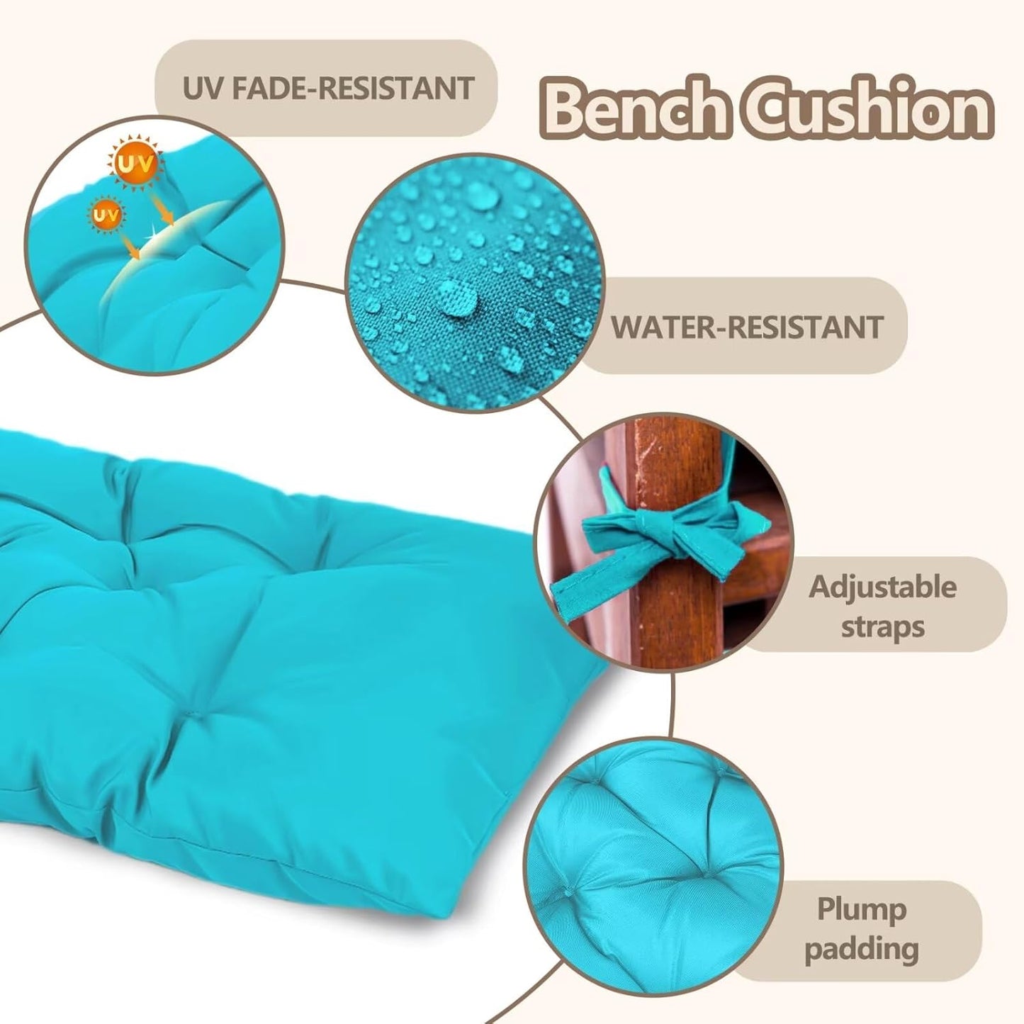 Waterproof Indoor/Outdoor Garden Bench Seat Cushions,Thicken Patio Bench Soft Rocking Chairs Pad Lounger Seat for Wicker Loveseat Settee（59 X 19.6 in，Turquoise