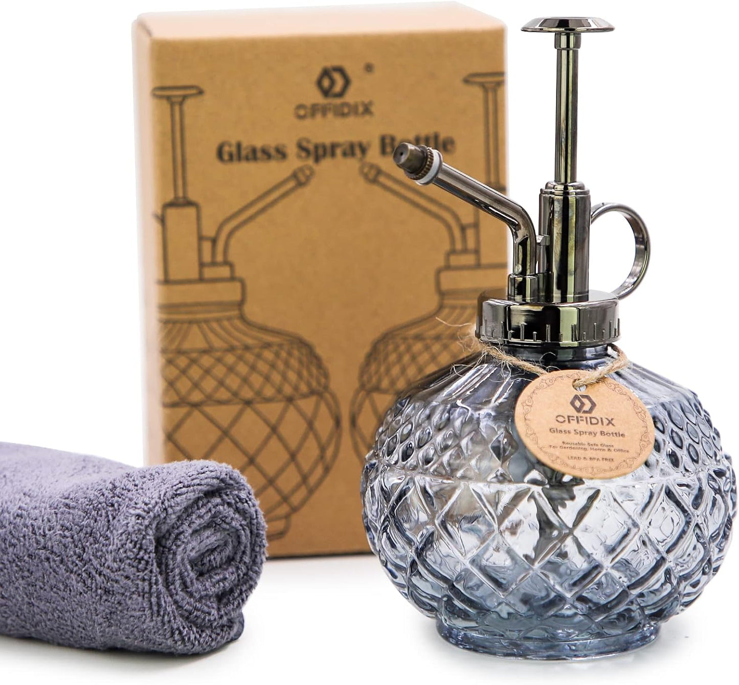 OFFIDIX Plant Mister, Vintage Glass Spray Bottle, Flower Mister 300ML Small Watering Can with Plastic Top Pump, Spray Bottle for Garden, Plants, Cleaning (Gray)