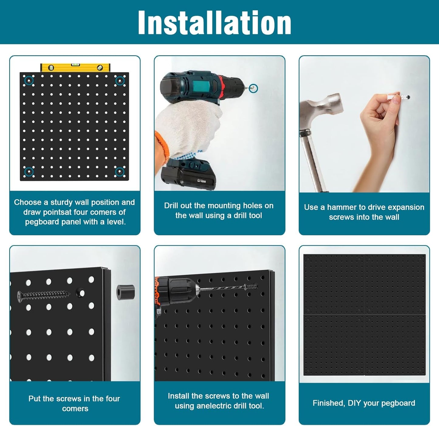 Peg Board,Steel Organization Panels, Ideal for Garage Tool Storage, Office Organization, Craft Room, Kitchen,Pack of 4 (Black, 4-12X12)