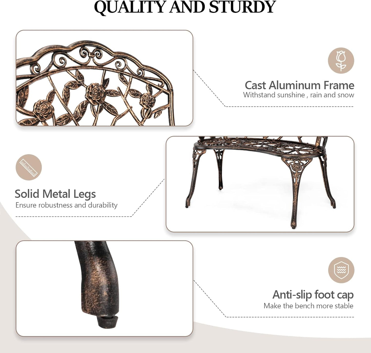 VINGLI 38.5" Patio Park Garden Outdoor Metal Rose Bench,Cast Iron Cast Aluminium Frame Antique Finish Chair,Accented Lawn Front Porch Path Yard Decor Deck Furniture for 2 Person Seat（Bronze