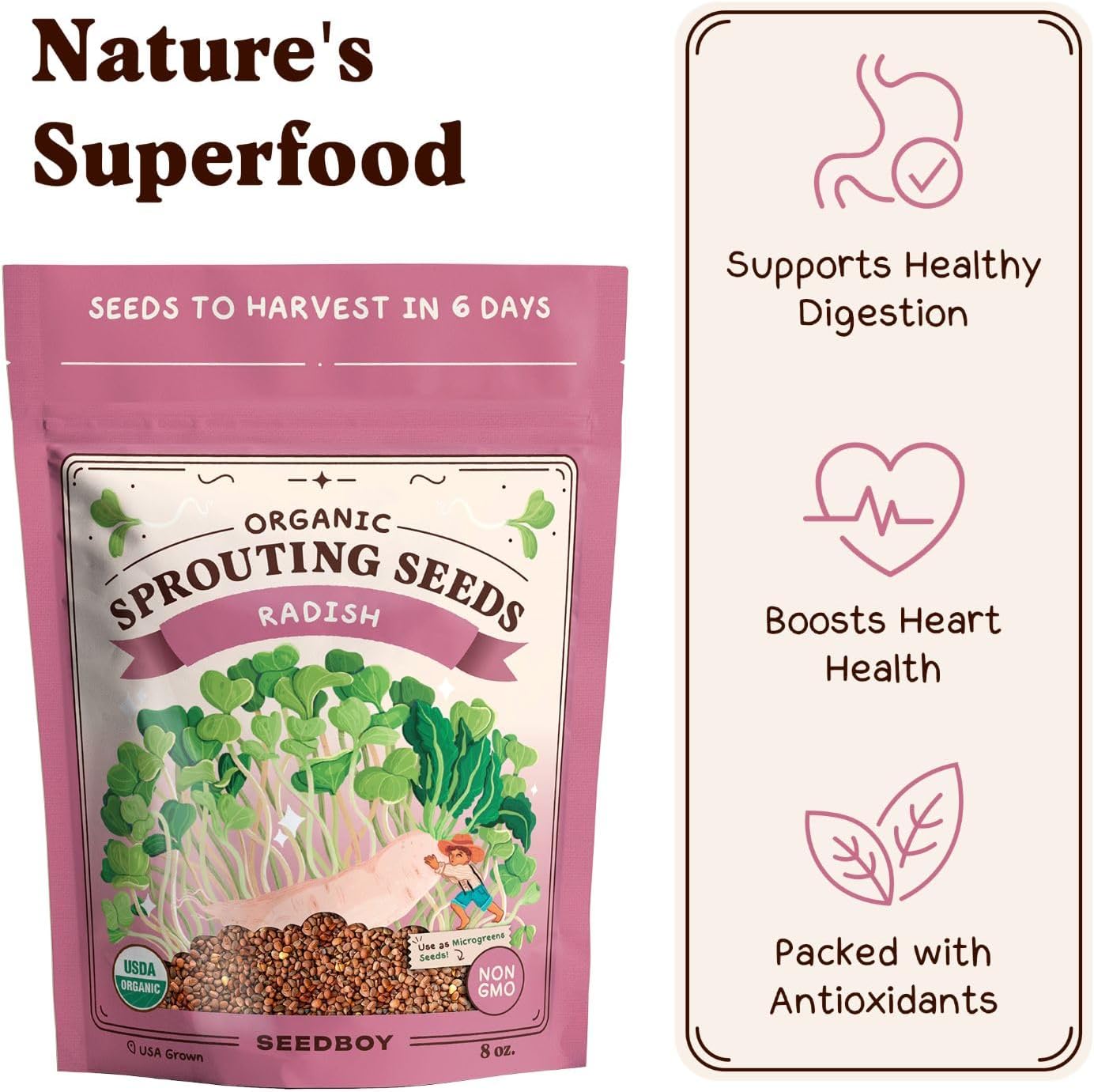 Seedboy Organic Radish Seeds for Sprouting - Non-GMO, USA Grown Microgreens Sprouting Seeds Mix - Makes 8 Quarts of Sprouts, 24 Servings (8 oz) (Daikon Radish)