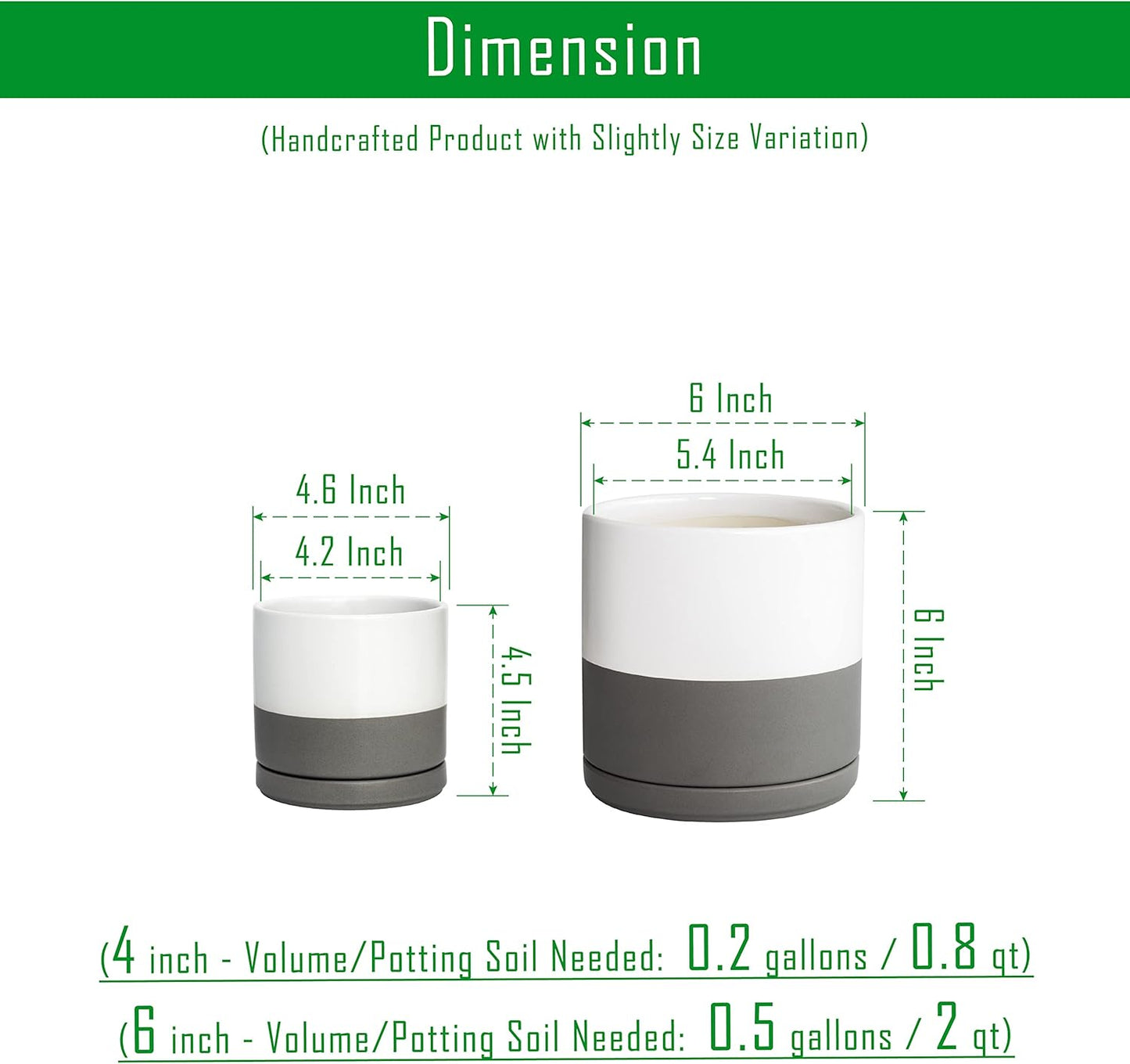 D'vine Dev 4.6 Inch & 6 Inch Ceramic Planter Pots for Plants with Drainage Hole and Saucer, Small Plant Pots Set, White/Speckled Grey, 94-G-S-6
