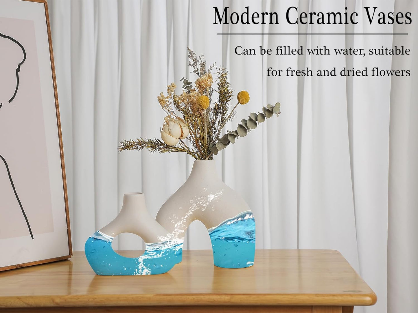 CEMABT White Ceramic Vase Set of 2 for Modern Minimalist Bohemian Decor，Round Matte Donut Vases for Pampas Grass-Perfect for Living Room, Dining Table, Office Bedroom Shelf Decor Entryway, Console