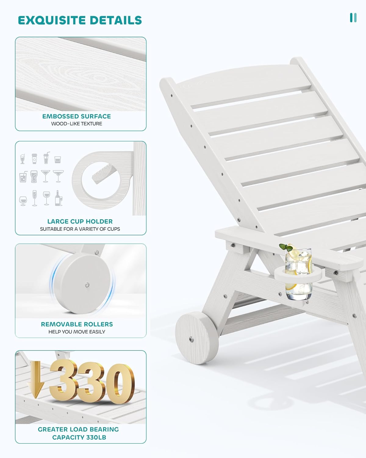 SERWALL Patio Chaise Lounge Chair, 78'' Long HDPE 5 Positions Adjustable Outdoor Lounger, Poly Lounge Chair with Rolling Wheels & Cup Holder for Pool, Light White