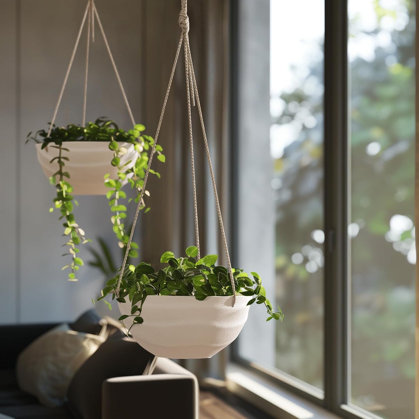 La Jolie Maison 10 Inch Hanging Planters for Indoor Plants, Outdoor Garden Planter Pots with Self-Watering Tray, Eggshell White, Set of 2