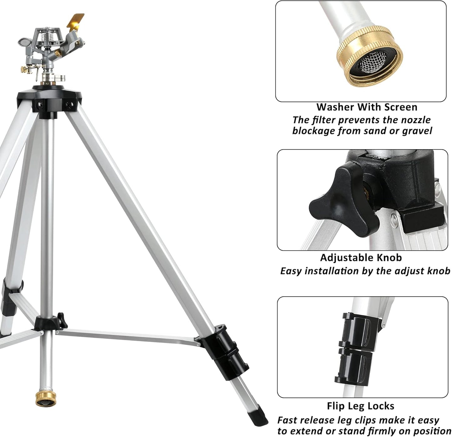 STYDDI Heavy Duty Impact Sprinkler on Tripod Base, Extra Tall Metal Pulsating Telescoping Tripod Sprinkler for Large Area, Yard, Lawn, Garden, Waters up to 90 Ft. Diameter, Legs Extends Up to 50-inch