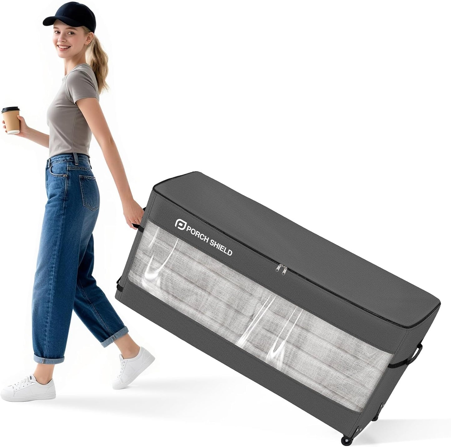 Porch Shield Rolling Cushion Storage Bag with Wheel - Heavy Duty Large Container for Furniture Pillow 9 Ft Tree Christmas 62" L x 20" W x 28" H