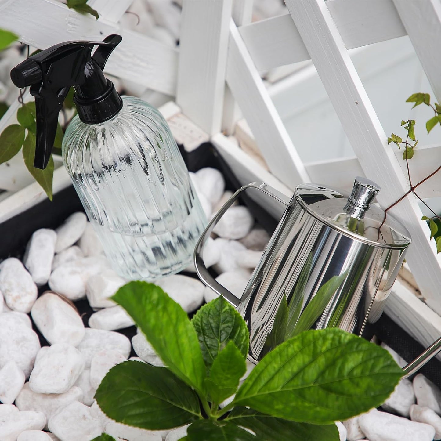 OFFIDIX Watering Can for Indoor Plants,Long Spout Metal Stainless Steel 21 oz/600 ml Watering Can with 14 oz/400ml Glass Plant Mister Spray Bottle for House Plant Bonsai