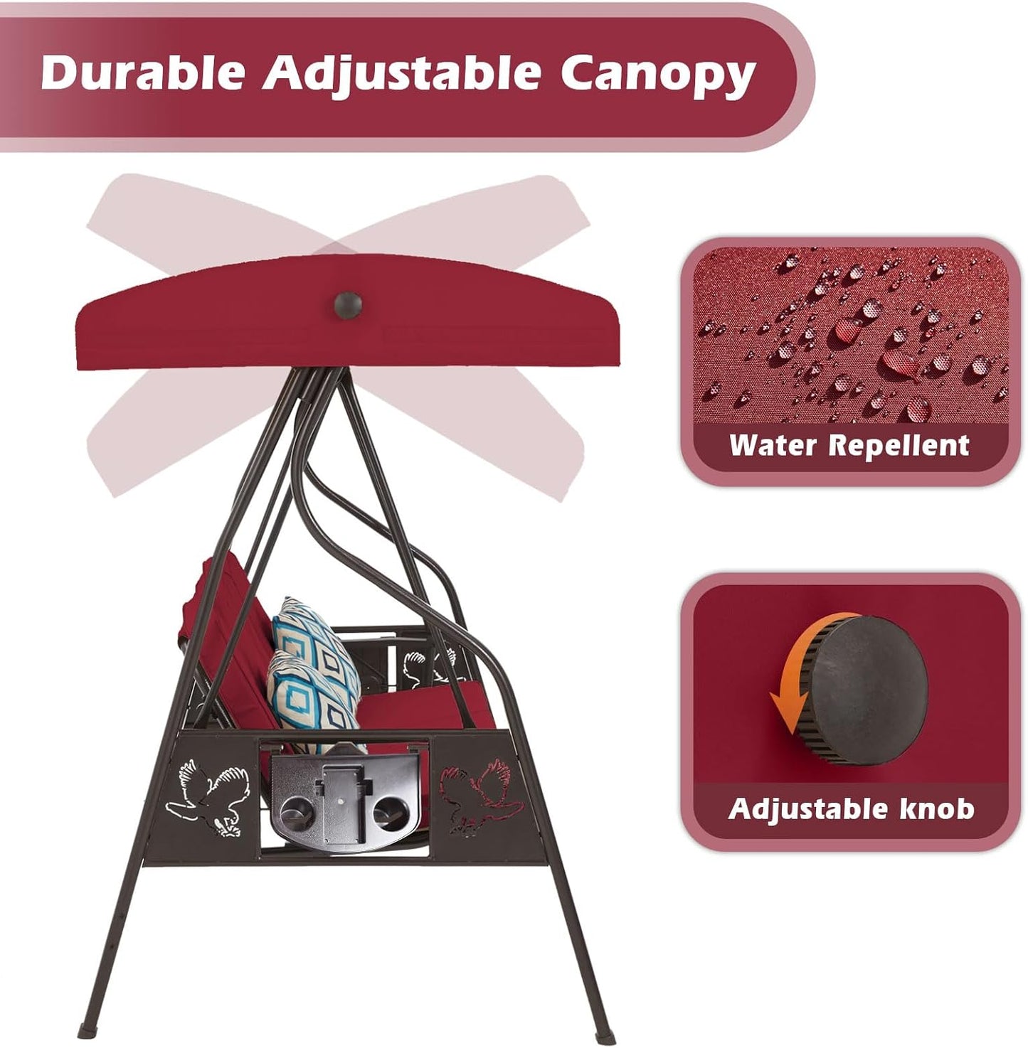 3-Seat Outdoor Porch Swing with Stand, Patio Swing with Canopy, 2 in 1 Porch Swing Bed & Patio Swing Chair for Adult w/Extra Pillows and Cup Holder for Yard (Wine Red)