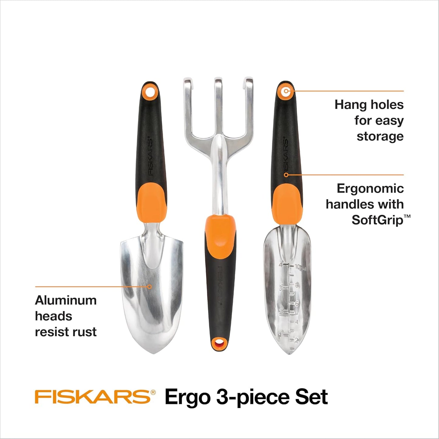 Fiskars 3-in-1 Garden Tool Set, Includes Trowel, Transplanter, and Cultivator for Outdoor Gardening, Ergonomic Yard Tool Kit
