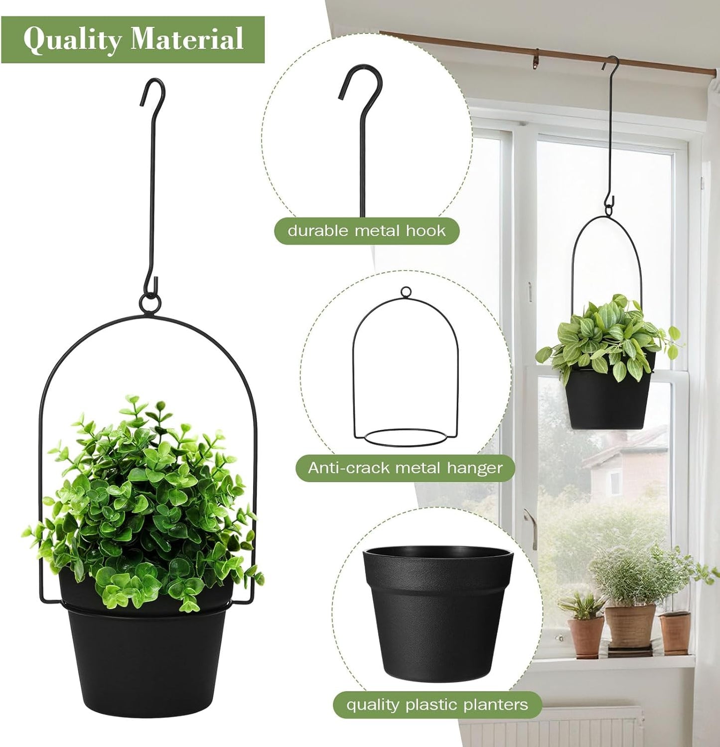 Hushee 6 Packs Metal Hanging Planters for Outdoor Indoor Plants Plant Hanger with 6.3'' Plastic Pots Hanging Planter Basket for Garden Home Porch Decor
