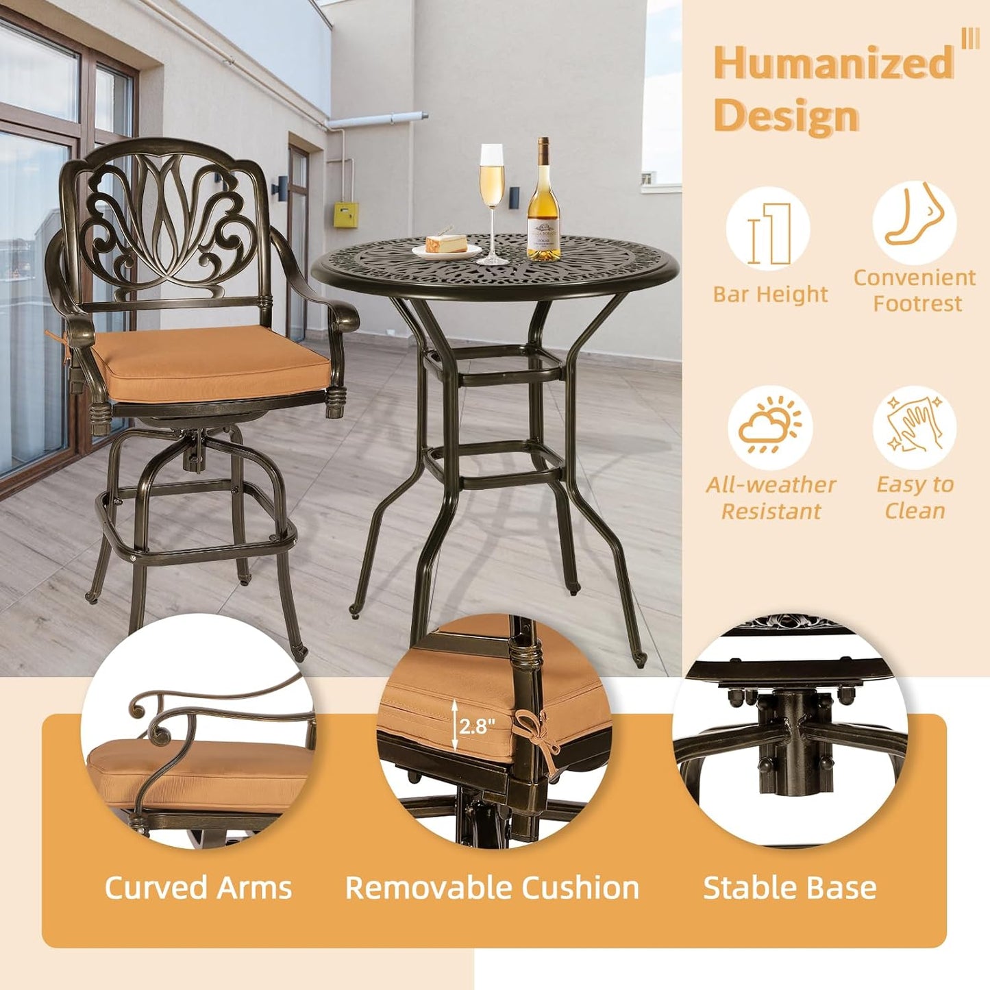 3 Pieces Patio Swivel Bar Set, Patio High Top Bar Table and Chairs Set, All-Weather Cast Aluminum High Swivel Bar Stools Chair Set of 2 and 35.4" Table, Patio Bistro Set for Garden,Balcony