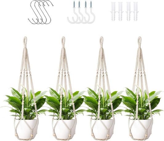 Macrame Plant Hanger Indoor Set of 4 with 8 Hooks, Indoor Outdoor Hanging Planter for Plants Holder with Decorative Wood Beads & No Tassels, Boho Home Decor, 35 Inch Ivory (Pots Not Included)