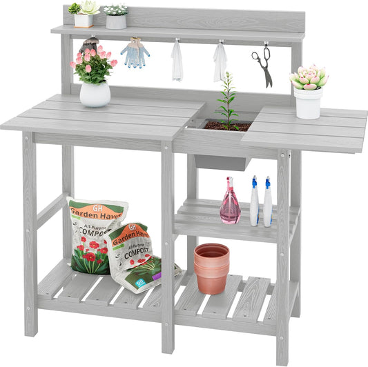 SERWALL Potting Bench Outdoor Potting Table with Sink, HDPE Potting Benches for Outside Gardening Table All Weather Use- Spanish Gray