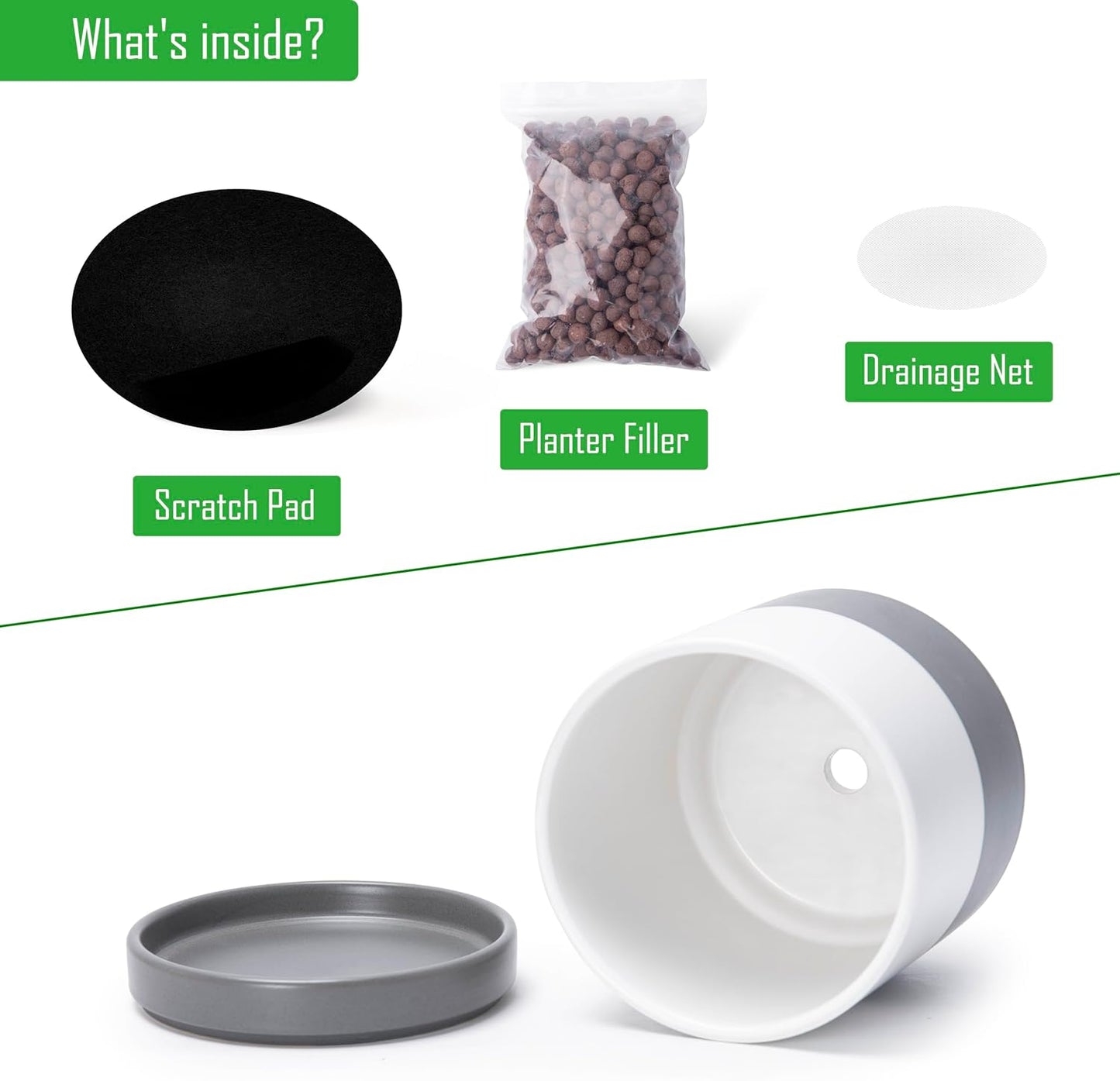 D'vine Dev 3 Inch & 4 Inch & 6 Inch, Set of 3 Round Ceramic Planter Pot with Drainage Hole and Saucer, White/Speckled Grey, 94-T-S-6