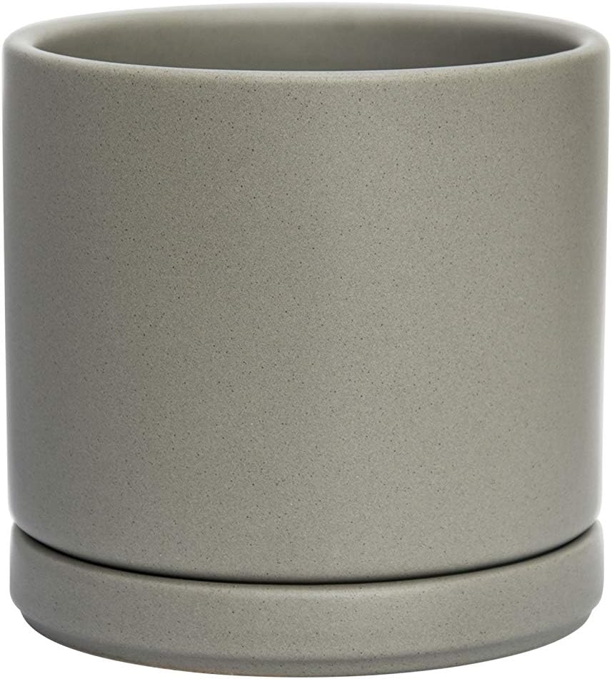 D'vine Dev Ceramic Planter Pot with Drainage Hole and Saucer, Indoor Cylinder Round Flower Pot, 4.6 Inch, Grey, 94-O-B-3