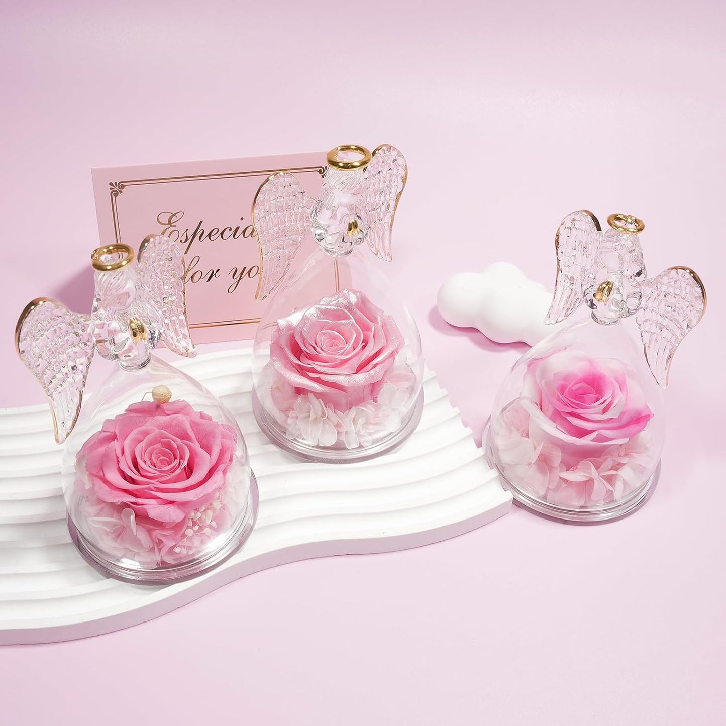 Yamonic Mom Birthday Gifts for Mom, Glass Angel Figurines with Real Rose Gifts for Moms Grandma, Preserved Flowers Real Rose Mothers Day Birthday Valentine’s Day Angel Gifts for Women Her(Pearl Pink)
