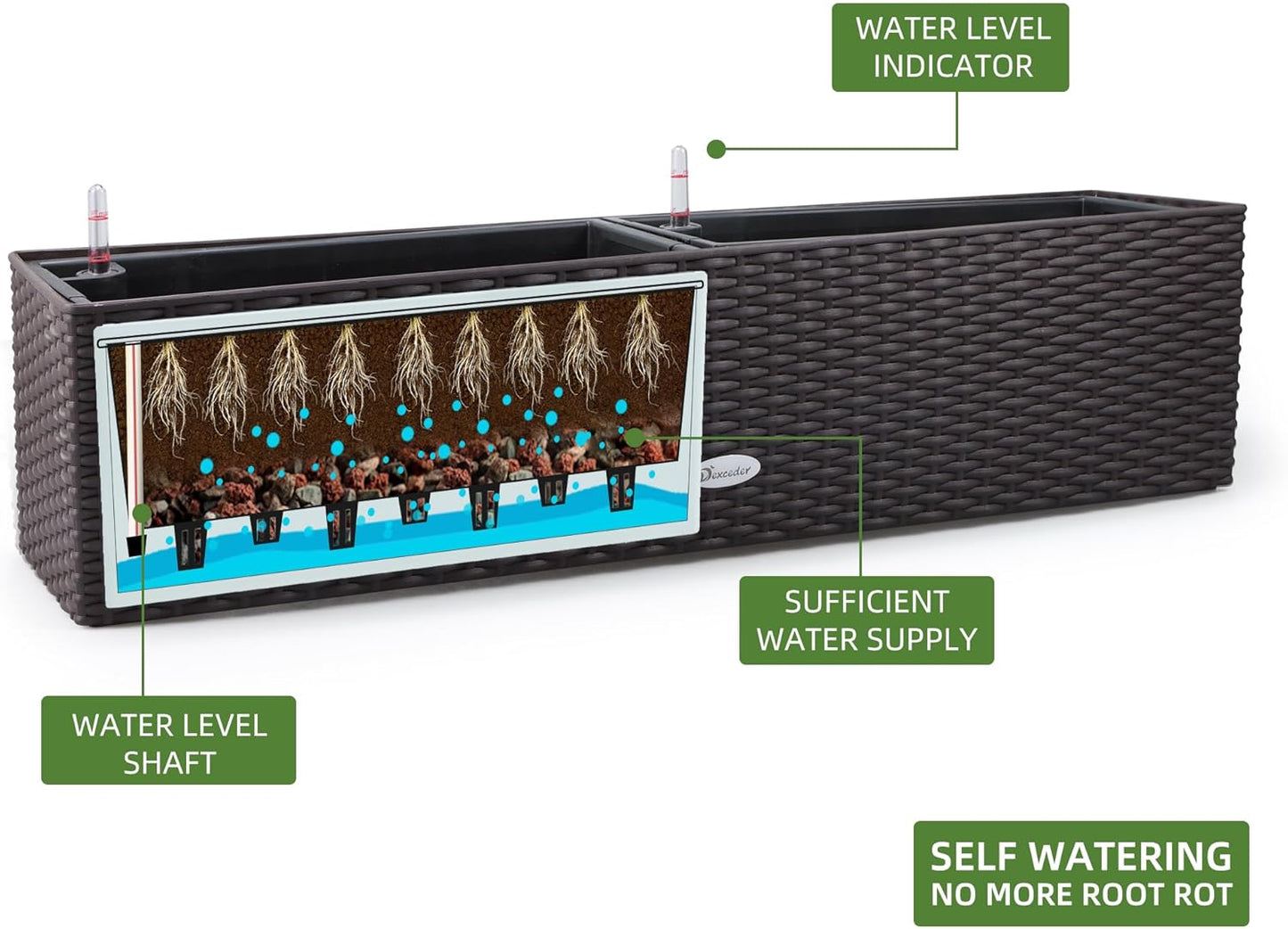 Dexceder 31.5 Inch Rattan Self Watering Planter Indoor Outdoor, Thickened Large Rail Flower Plant Pot Window Box with Water Level Indicators & Bracket (Brown)