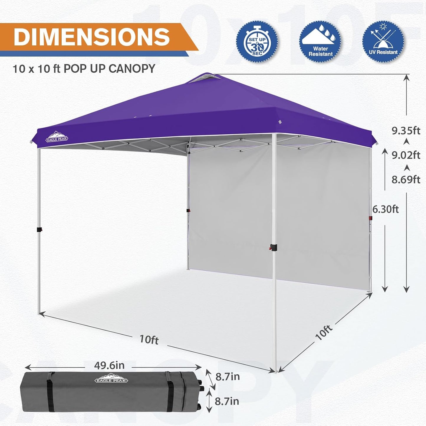 EAGLE PEAK Pop Up Canopy Tent with 1 Sidewall, Easy Setup Event Tent, Outdoor Sun Shade, Wheeled Carry Bag, Stakes and Guy Ropes, Instant Canopy 10x10, Purple