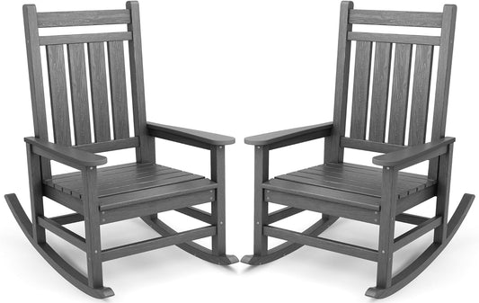 SERWALL Oversized Outdoor Rocking Chair Set of 2, HDPE Rocker for Adults, Patio Rocking Chairs for Porch, Grey