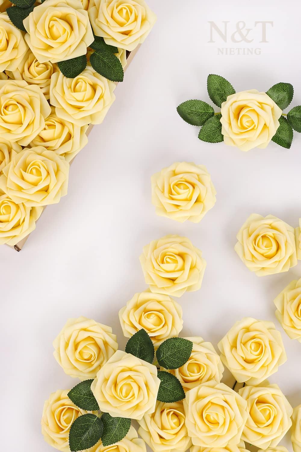 N&T NIETING Artificial Flowers, 25Pcs Fake Flowers Goose Yellow Roses Perfect for DIY Wedding Bouquets Centerpieces Bridal Shower Party Home Flower Arrangement Decorations