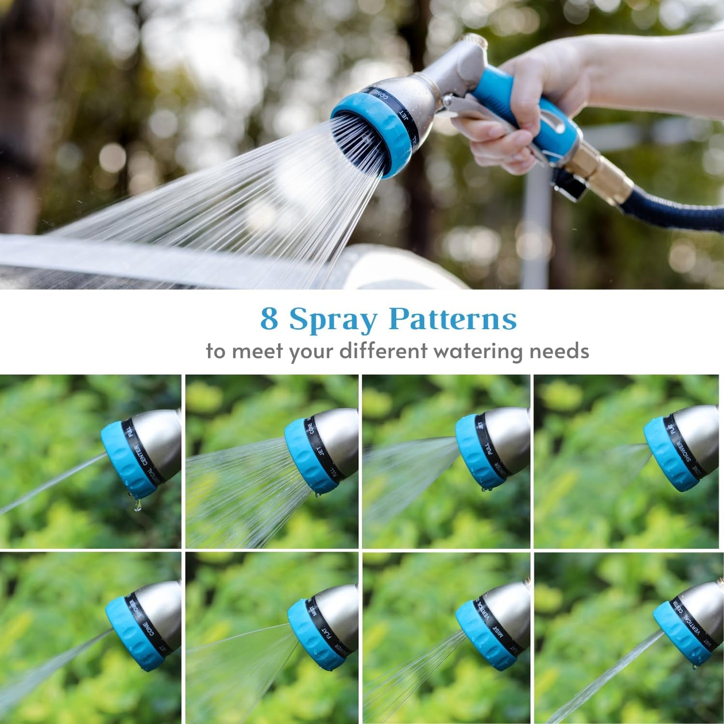 HOSUN Garden Hose Nozzle Sprayer Heavy Duty, 100% Metal Water Hose Nozzle with 8 Spray Patterns, High Pressure Hose Spray Nozzle with Non-Slip Grip for Watering Plant & Lawn, Washing Car & Pet, Blue