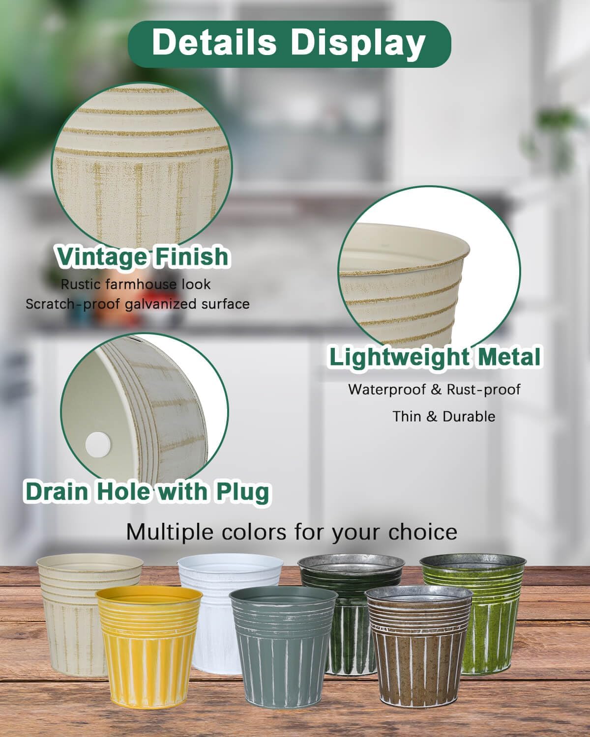 vensovo 6 Inch White Metal Rustic Flower Pots - 6Pcs Galvanized Planters with Drainage Hole and Rubber Plug, Rustproof Metal Bucket Plant Pots Farmhouse Vintage Style for Decor