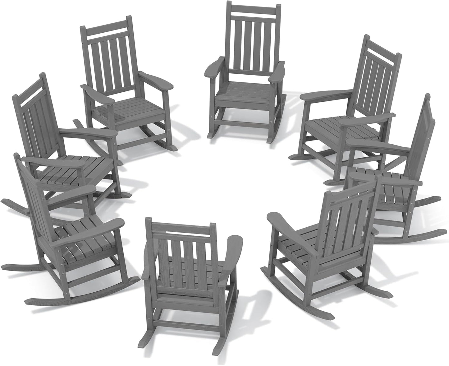SERWALL HDPE Outdoor Rocking Chair Set of 8, Patio Rocking Chairs for Adults, All Weather Outdoor Rockers for Lawn, Grey