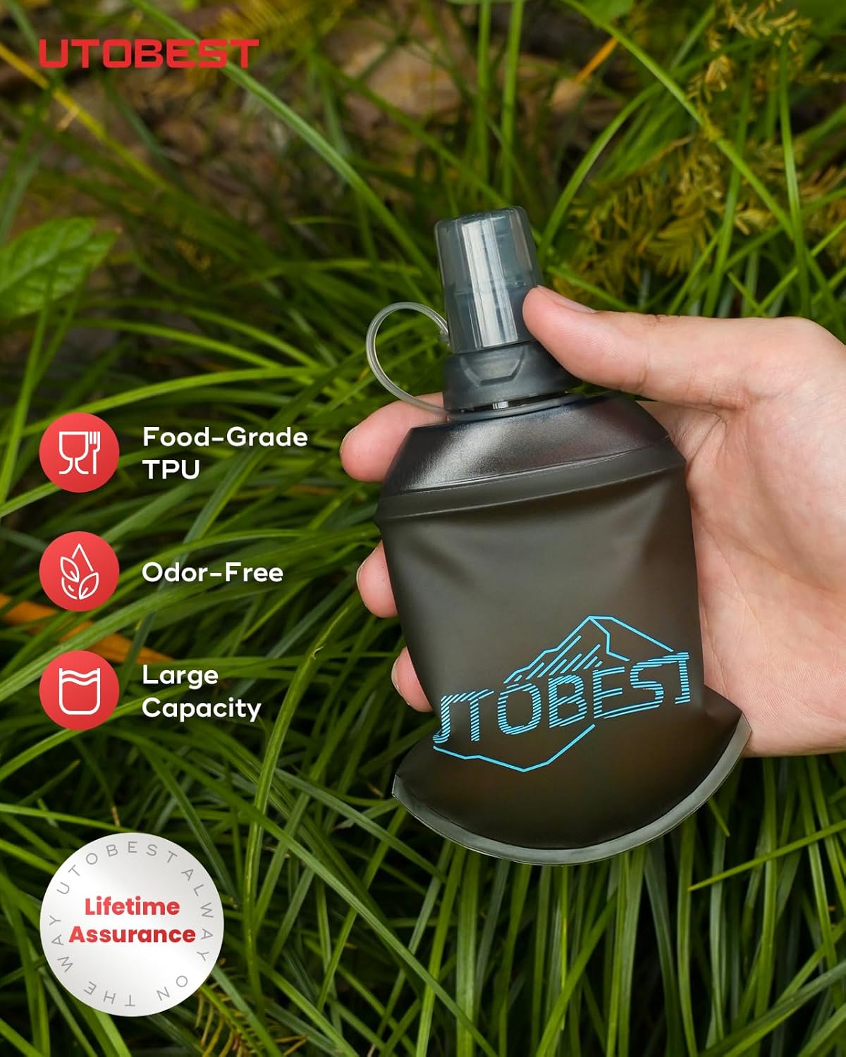 UTOBEST 150ml Soft Flask, 2 Pack Flexible TPU Hydration Water Bottle, Collapsible with 28mm Caliber for Running, Hiking, Cycling, Climbing, and Marathon Blue