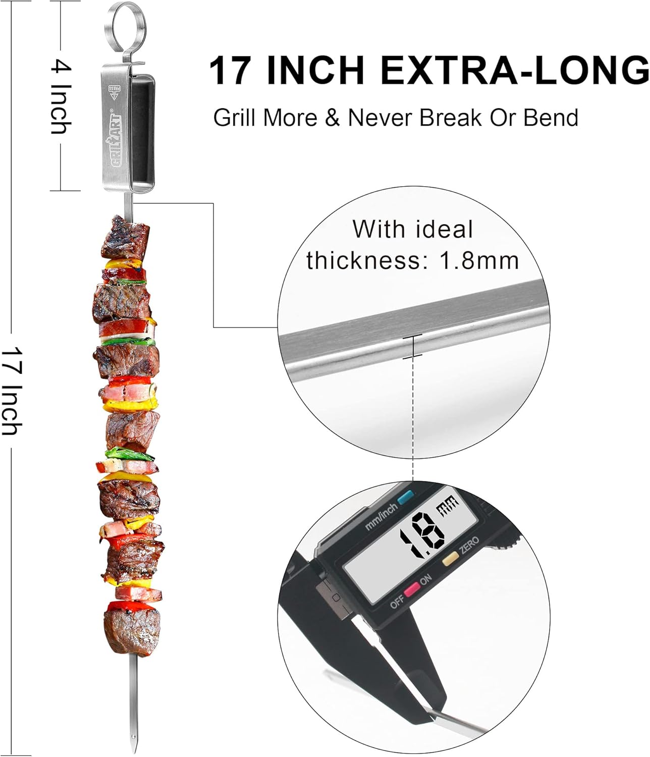 GRILLART Kabob Skewers for Grilling - Metal Skewers for Kabobs with Slider - Flat BBQ Skewers Stainless Steel - 17" Shish Kabob Grill Skewers & Ideal Kabob Sticks for Meat Shrimp Chicken Veggie(10PCS)