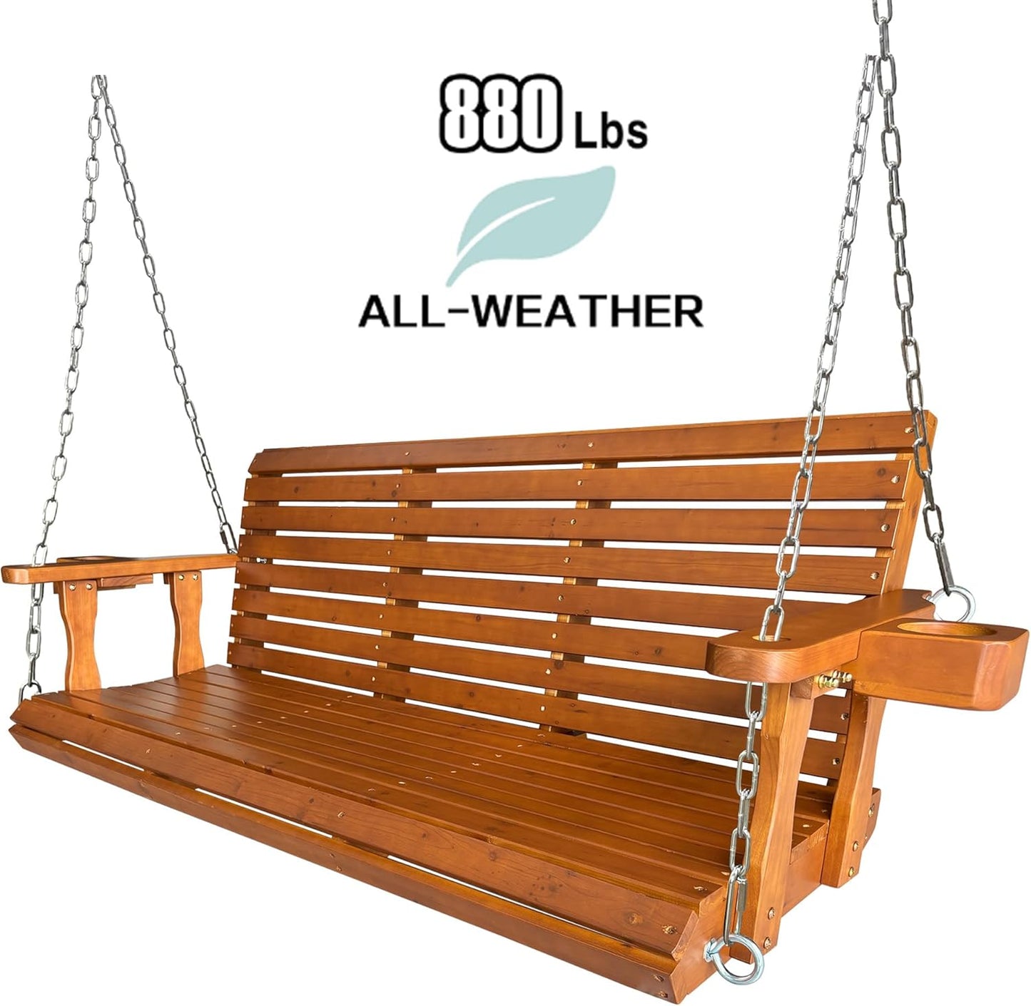 Wooden Porch Swing 3-Seater, High Backrest and Deep Seat, Bench Swing with Cupholders, Hanging Chains and 7mm Springs, Heavy Duty 880 LBS, for Outdoor Patio Garden (Cedar Tone, 5 FT Extra Large)