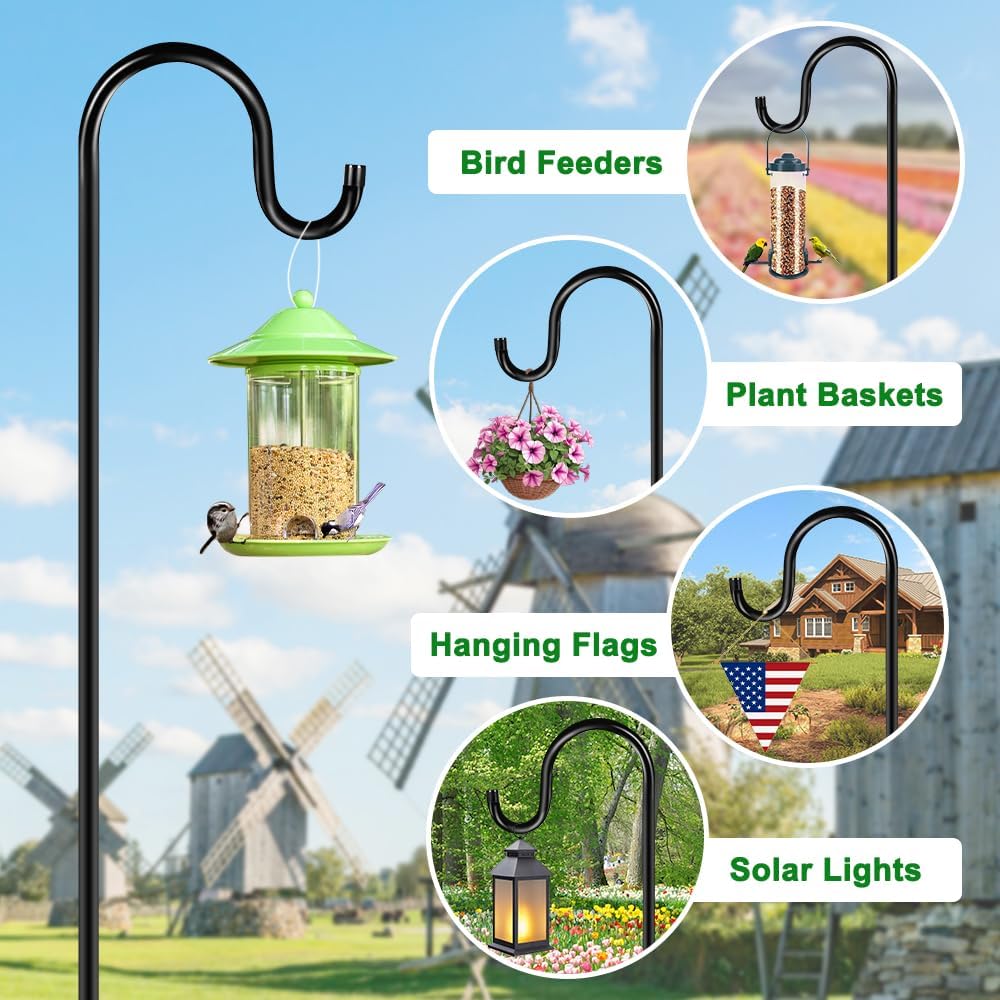 84" Shepherds Hooks for Outdoor, Heavy Duty Garden Bird Feeder Pole Hanging Bird Feeder, Solar Light Lanterns, Outdoor Plant Hanger Hook with 7 Base Prongs, 2 Packs