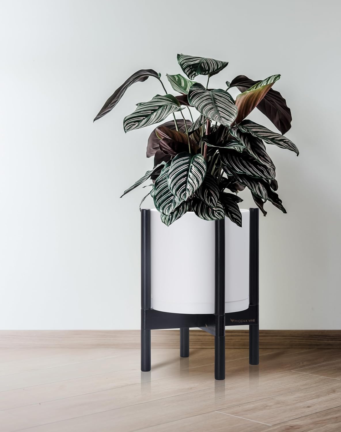 D'vine Dev Planter Pot with Stand - 10 Inch Plastic Cylinder Flower Pot with Wood Planter Holder for Indoor, Matte White Pot + Ebony Stand, 55-C-N-1