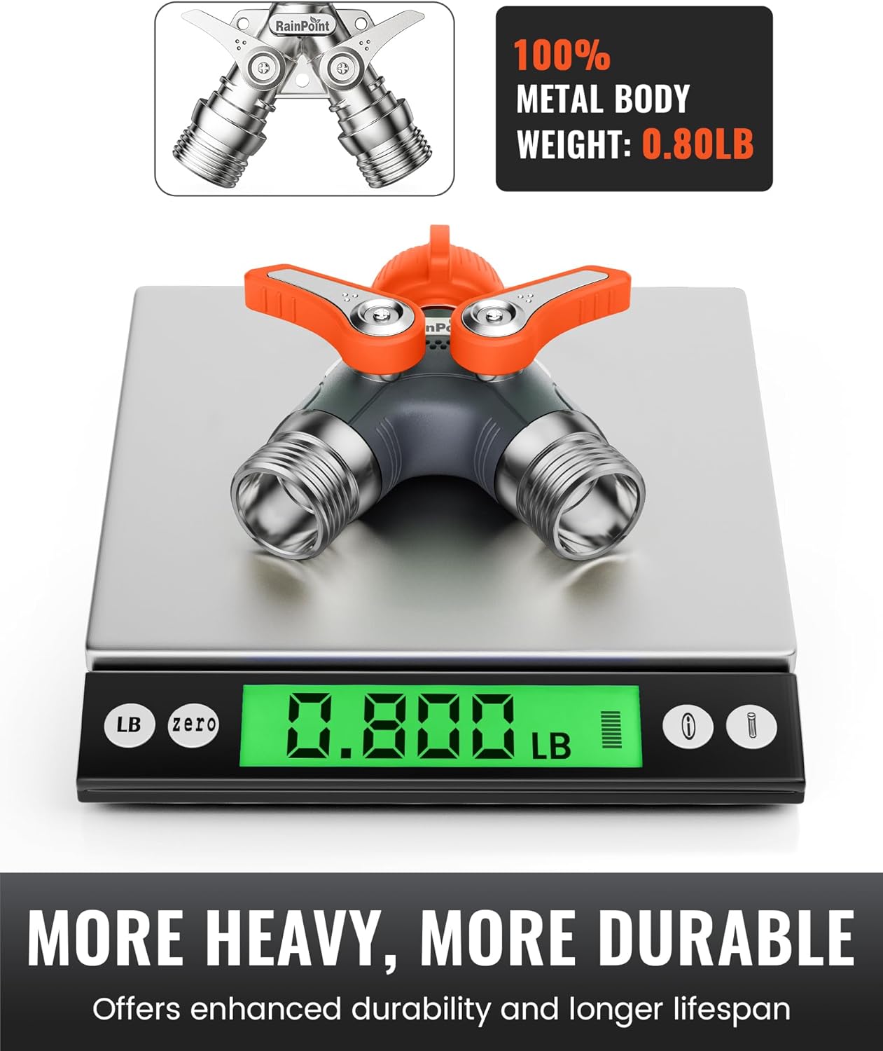 RAINPOINT Garden Hose Splitter, 2 Way Heavy Duty Water Hose Y Spigot Splitter with Shutoff Valves, 100% Metal Body Outdoor Faucet Splitter, 1.9" Extra Long Metal Handle, 3/4" GHT Thread (1, Orange)