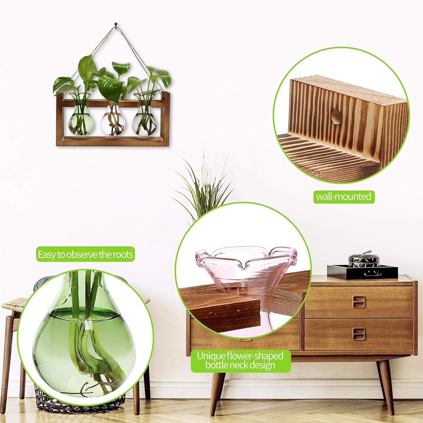 Plant Propagation Station Plant Terrarium Unique Birthday Gifts for Women Plant Lovers Home Office Decor Planter with Wooden Stand - 3 Bulb Glass Vase