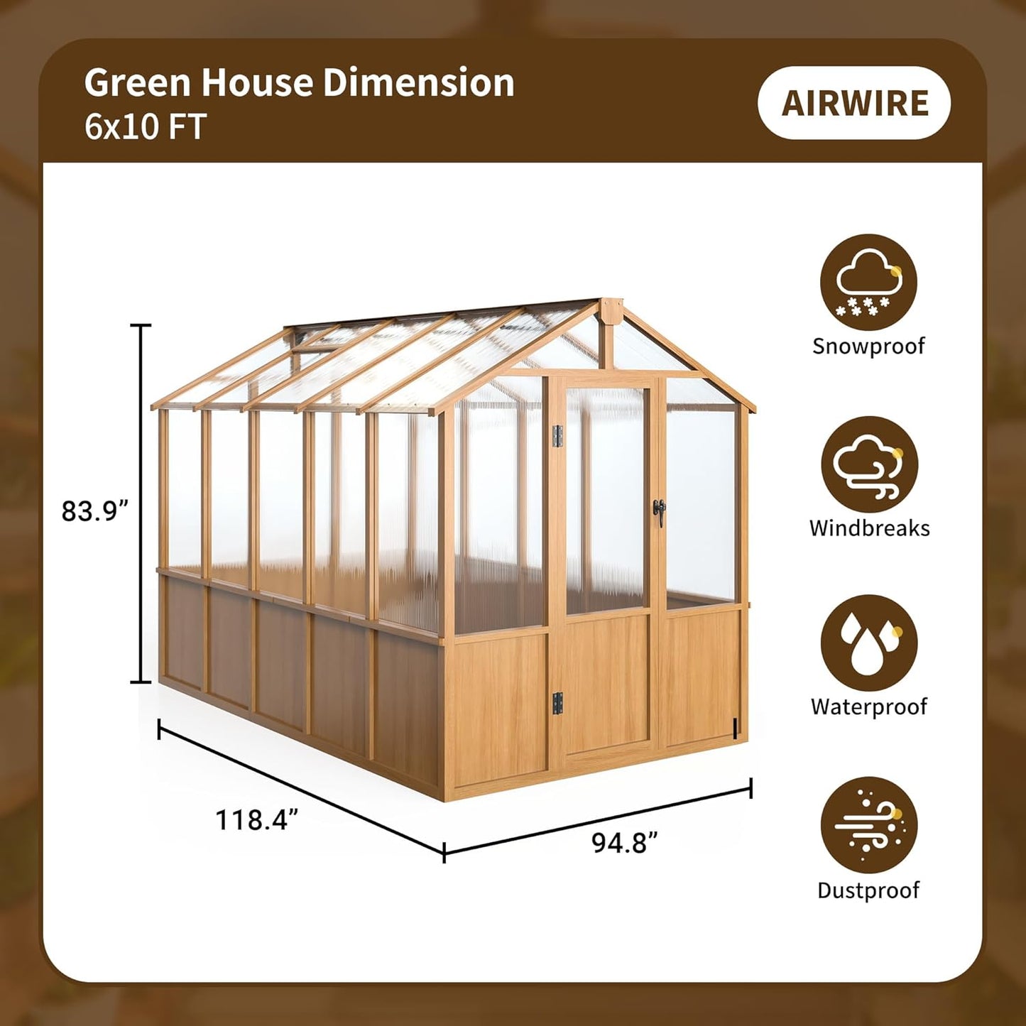 Wooden Greenhouse 6x10 FT, Walk-in Greenhouse for Outdoors with 6MM Thick Polycarbonate Panel and Adjustable Roof Vents, Garden Backyard, Wood Colour