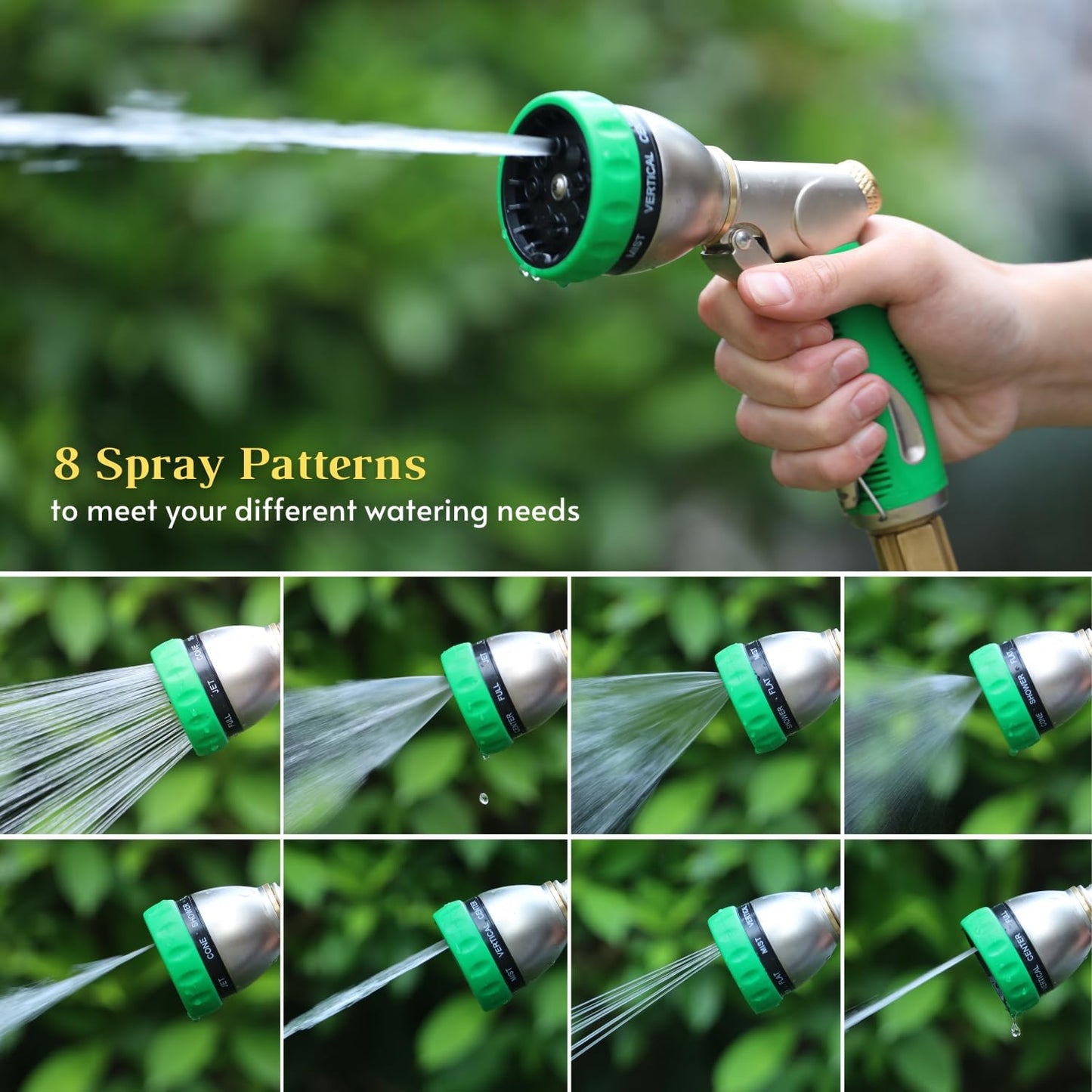 HOSUN Garden Hose Nozzle Sprayer Heavy Duty, 100% Metal Water Hose Nozzle with 8 Spray Patterns, High Pressure Hose Spray Nozzle with Non-Slip Grip for Watering Plant & Lawn, Washing Car & Pet, Green