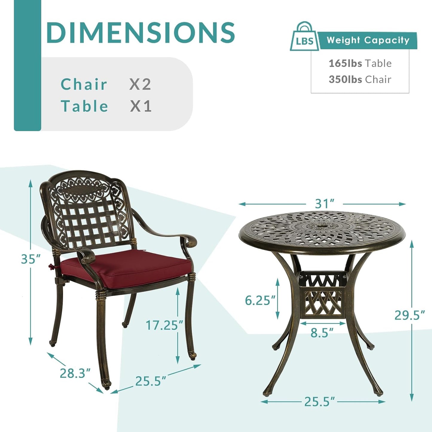 MEETWARM 3 Piece Patio Bistro Set, Outdoor All-Weather Cast Aluminum Dining Furniture Set Includes 2 Chairs with Cushions and a 31” Round Table with Umbrella Hole for Garden Deck, Chili Red
