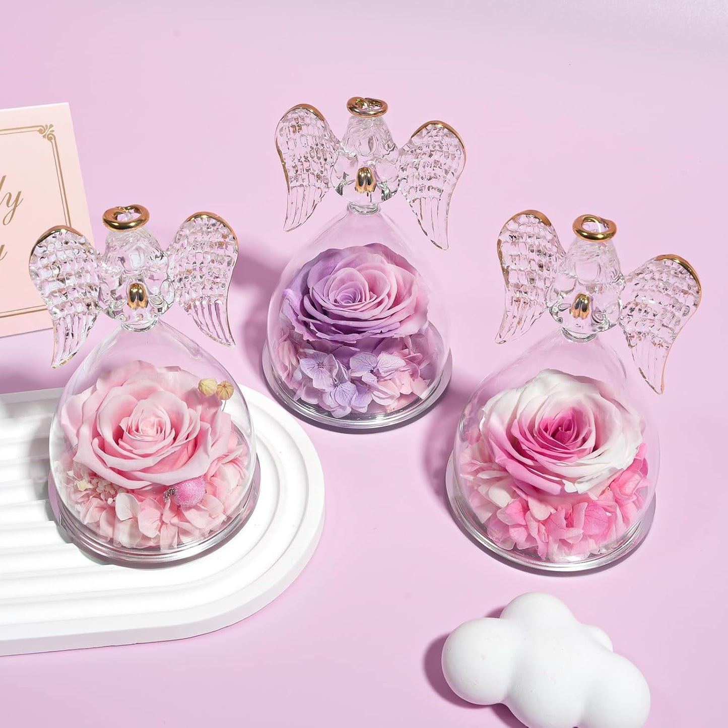 Yamonic for Mom, Moms Birthday Gifts for Women Grandma, Angel Figurines with Preserved Real Flowers Rose for Mothers Day, Wife Anniversary, Valentine's Day Gifts for Her(Pink+Purple)