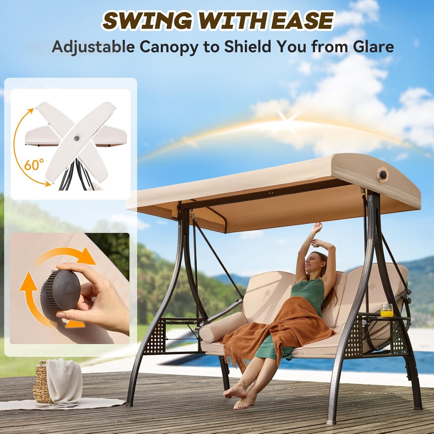 3 in 1 Outdoor Porch Swing with Adjustable Canopy, 3 Seat Outdoor Swing for Adults, Patio Swing Chair with Thickened Cushions,Pillows & Cup Holders for Backyard, Porch, Garden (Khaki)