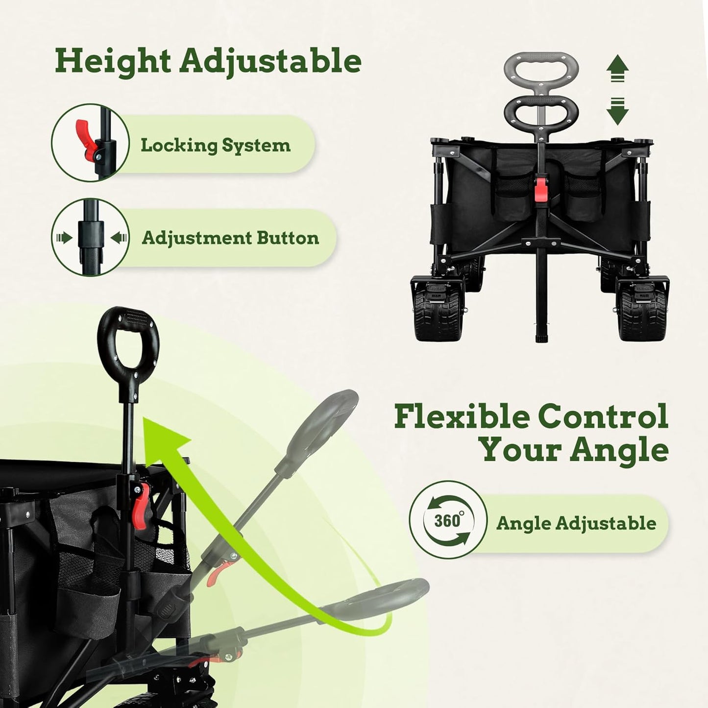 LUXCOL Collapsible Folding Wagon, Heavy Duty Utility Beach Wagon Cart for Sand with Big Wheels, Adjustable Handle&Drink Holders for Shopping, Camping,Garden and Outdoor